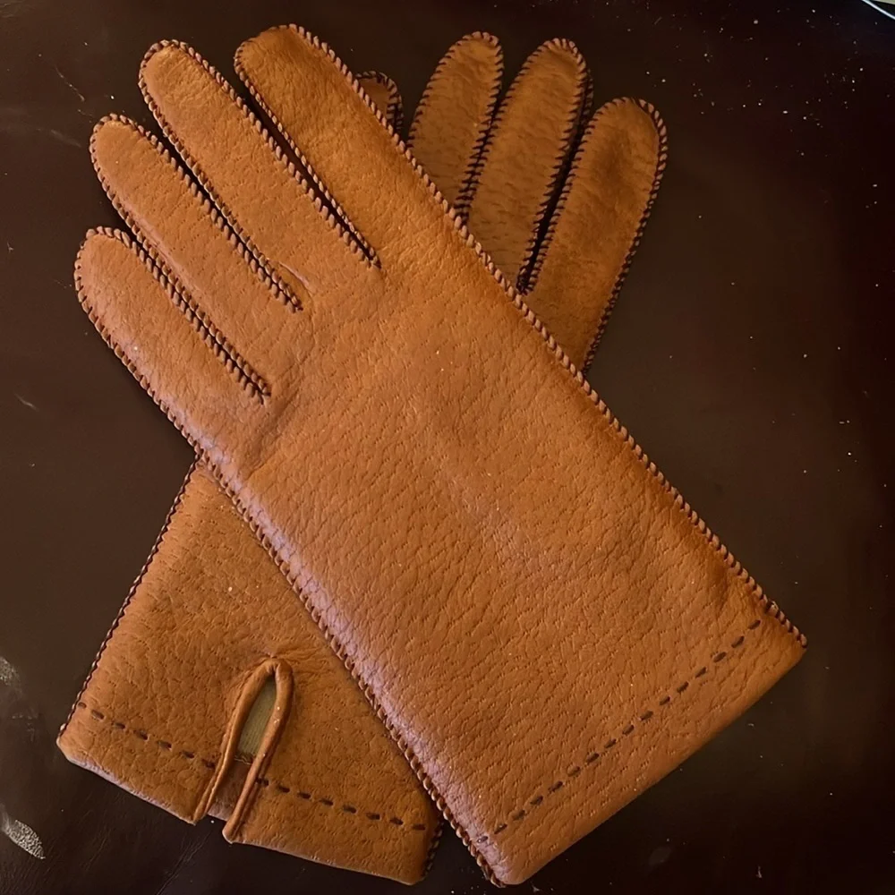 Women’s Tan Black Vegan Lined Gloves Textile Pinky Fourchette Size: S/M